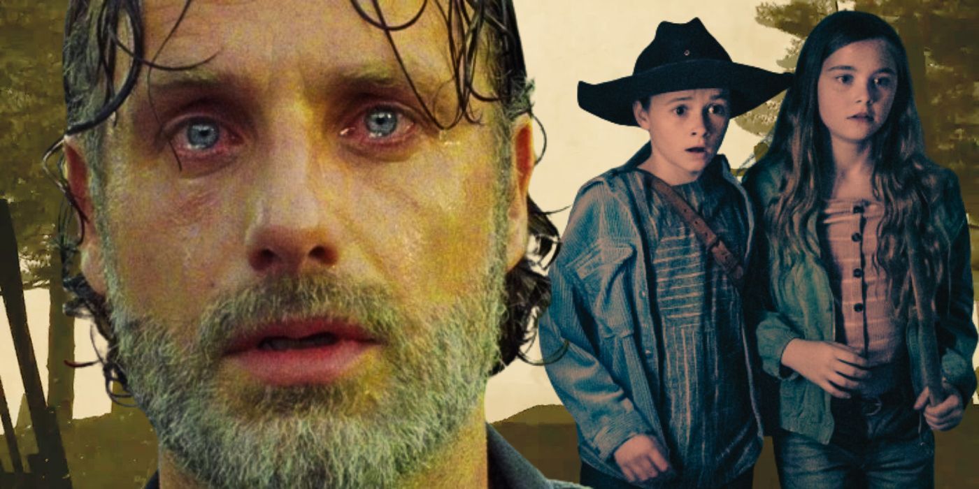 A tearful Rick Grimes stands in front of Judith and Gracie against an image from The Walking Dead's opening.