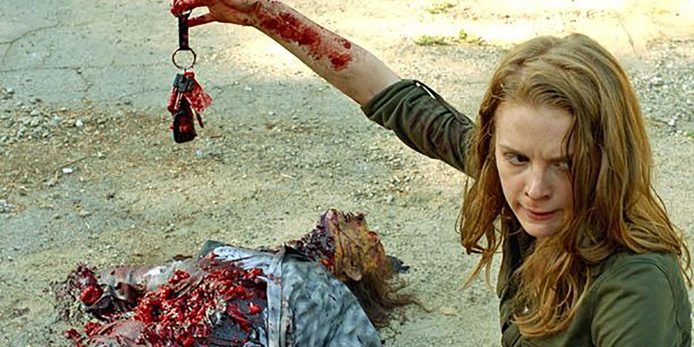 A young woman holding bloody keys above a gutted walker in The Walking Dead webisodes