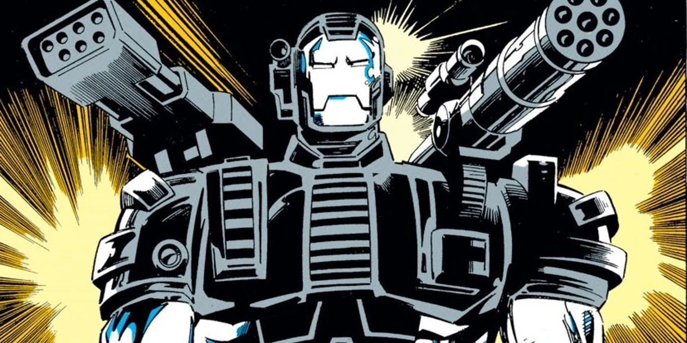 The War Machine armor standing upright as piloted by James "Rhodey" Rhoades.