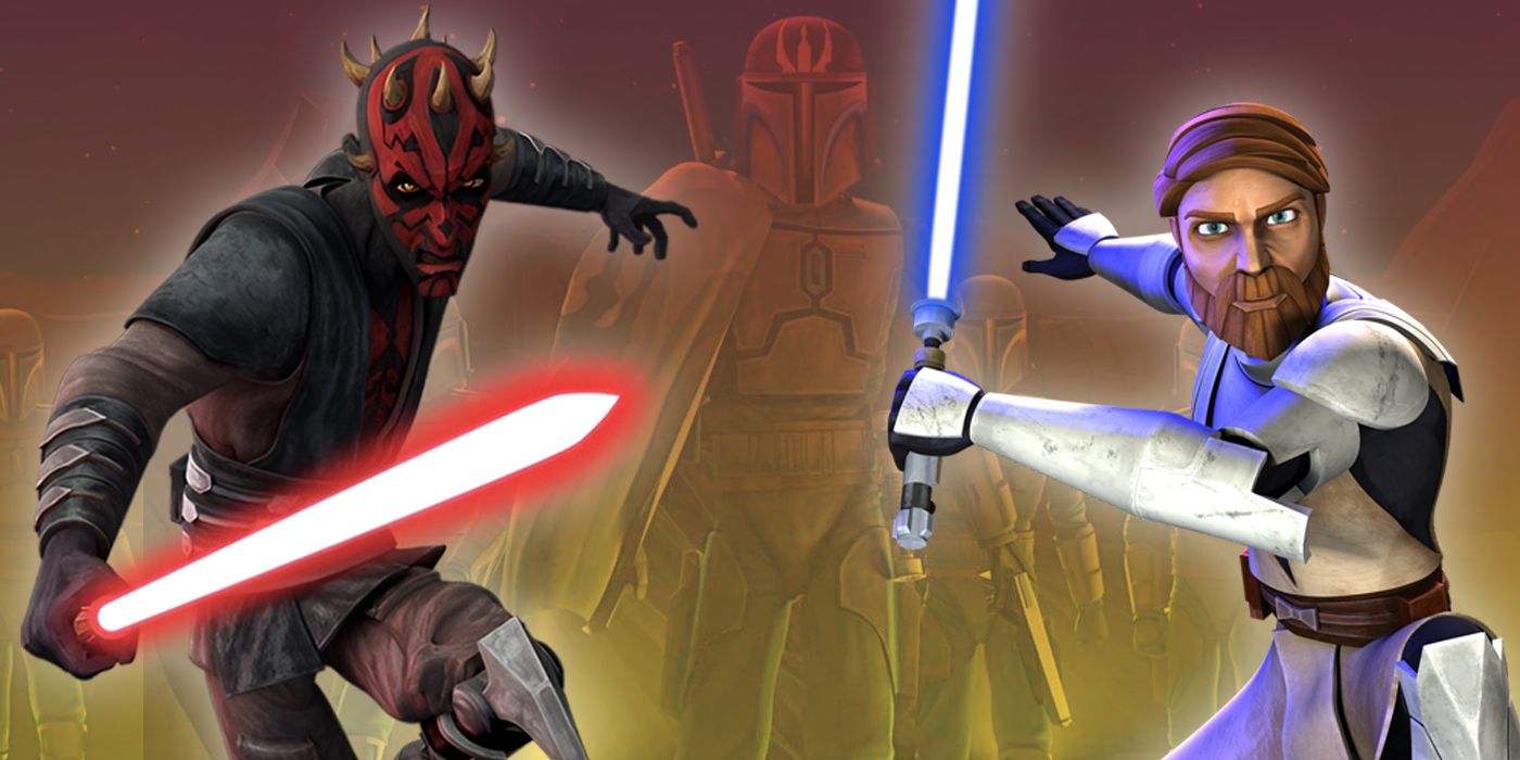 Darth Maul and Obi-Wan Kenobi from Clone Wars with the Mandalorian Death Watch in the background
