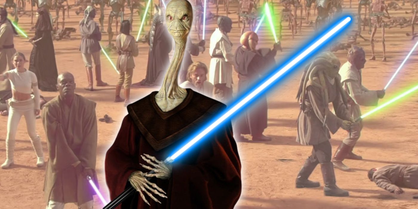Jedi Master Yarael Poof holding a lightsaber with Jedi from Attack of the Clones in the background