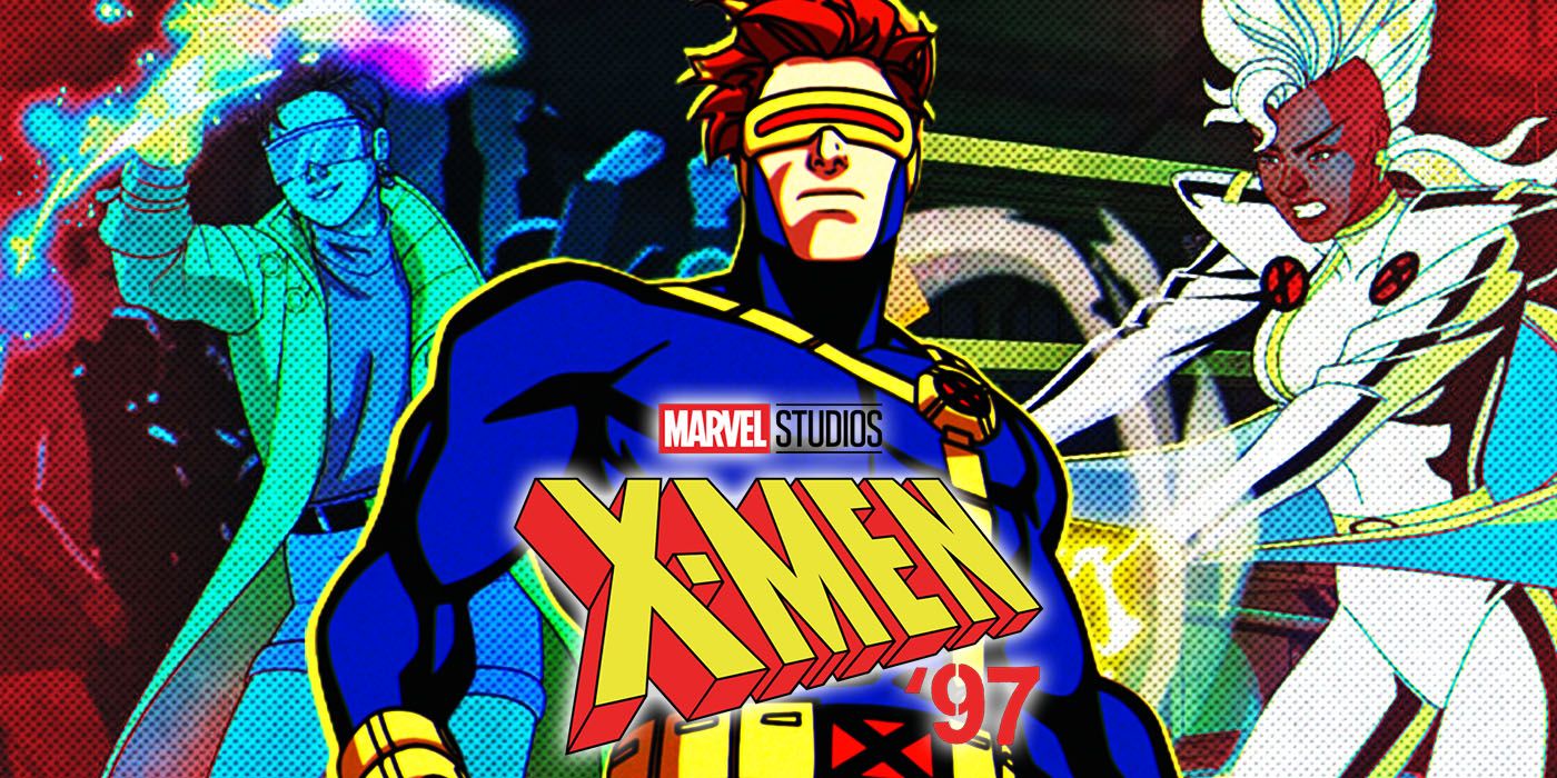 Cyclops stands in back of X-Men 97 logo with Jubilee and Storm on either side
