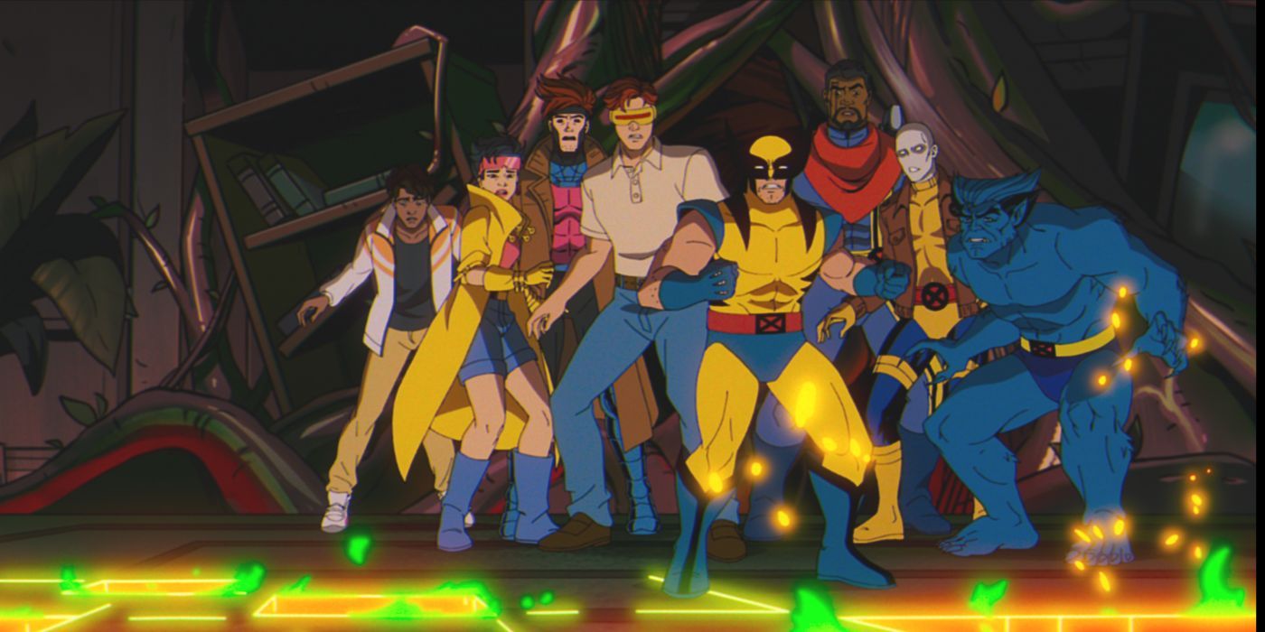 The assemble X-Men stand together in a cavern with fiery floor in X-Men '97