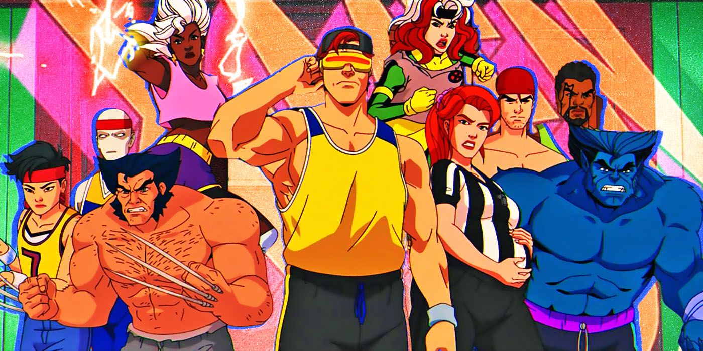 X-Men '97 cast stands in front of an X-Men logo