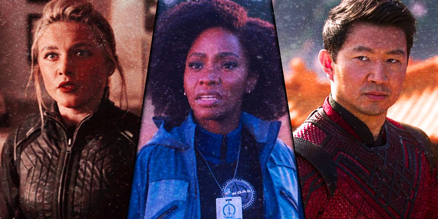 Split image of the Marvel Cinematic Universe's Yelena Belova, Monica Rambeau and Shang-Chi overlaid with dust particles.