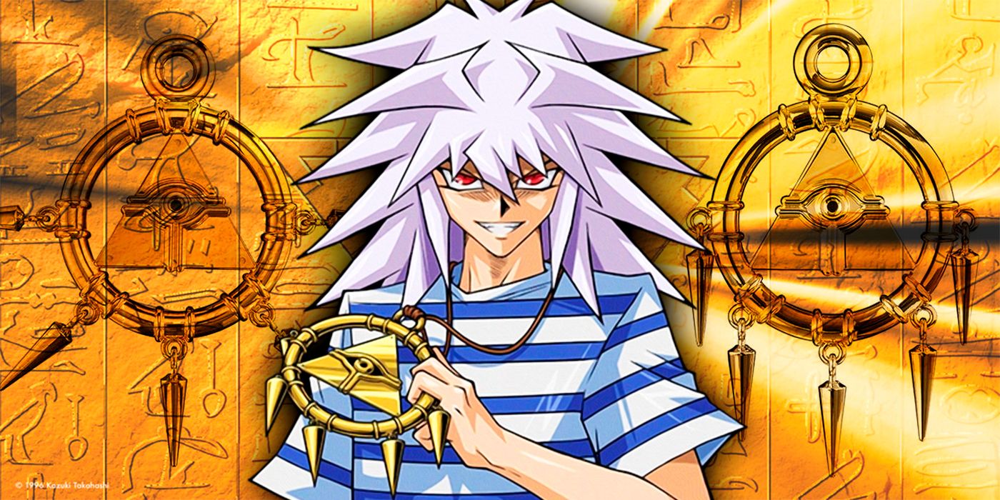 Bakura from the Yu-Gi-Oh anime wearing the Millennium Ring and smiling evilly