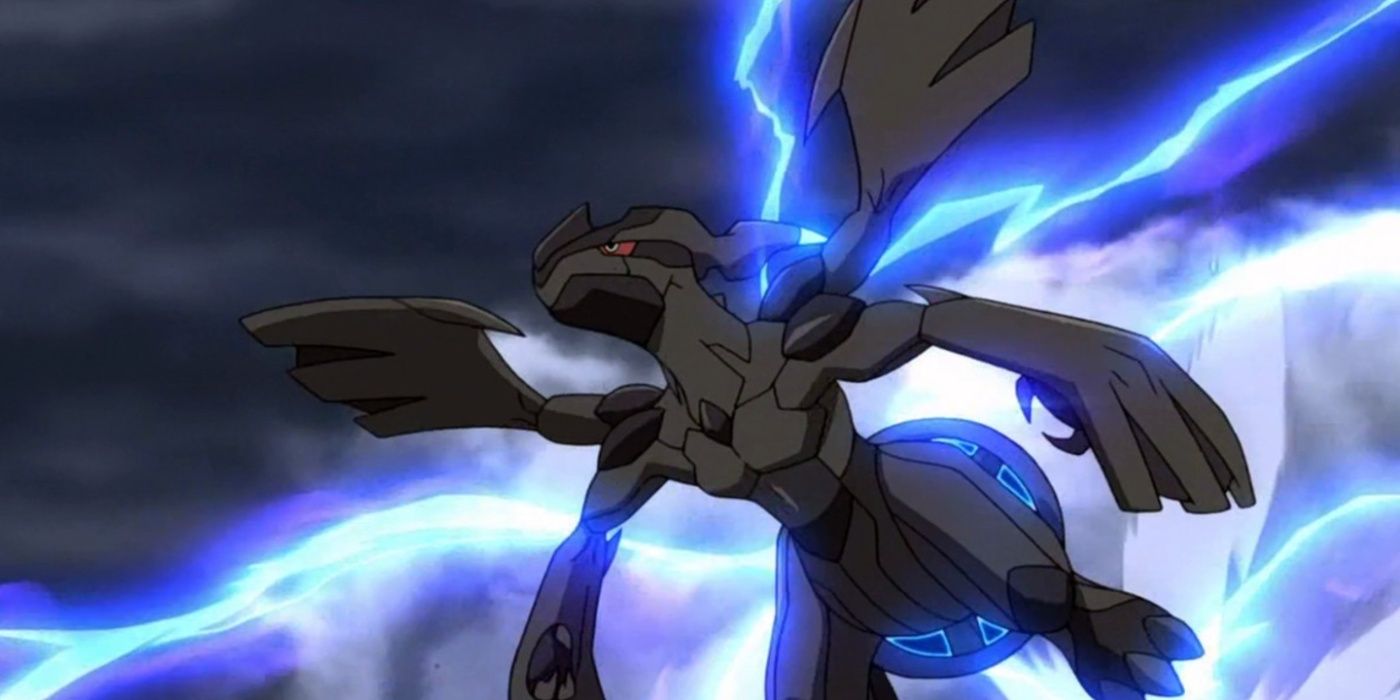 Zekrom flying in the sky as lightning strikes in the Pokémon anime.