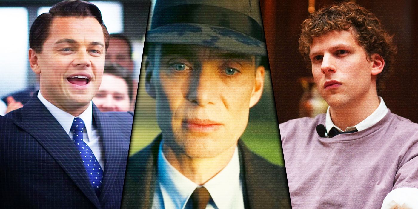 Leonardo DiCaprio in The Wolf of Wall Street, Cillian Murphy in Oppenheimer and Jesse Eisenberg in The Social Network