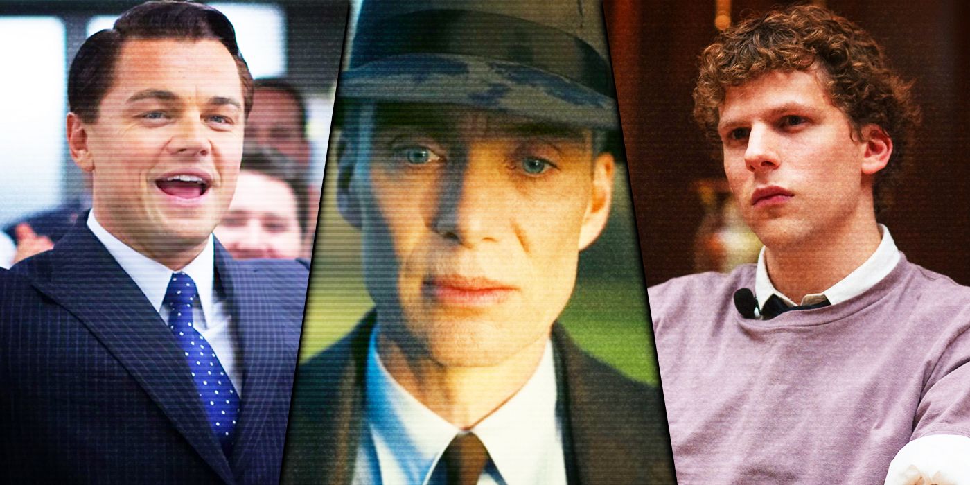 Leonardo DiCaprio in “The Wolf of Wall Street,” Cillian Murphy in “Oppenheimer,” and Jesse Eisenberg in “The Social Network.”