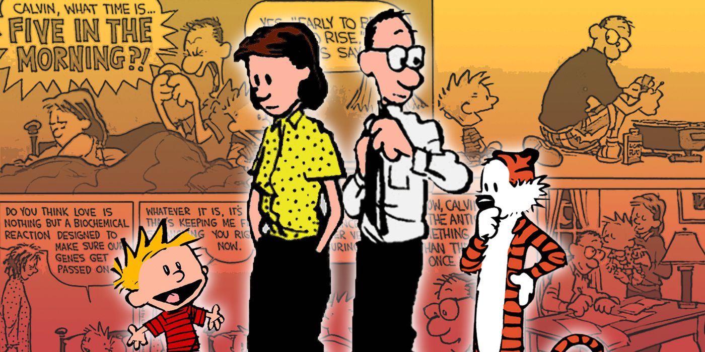 Calvin and Hobbes with Calvin's parents and related comic strips in the background