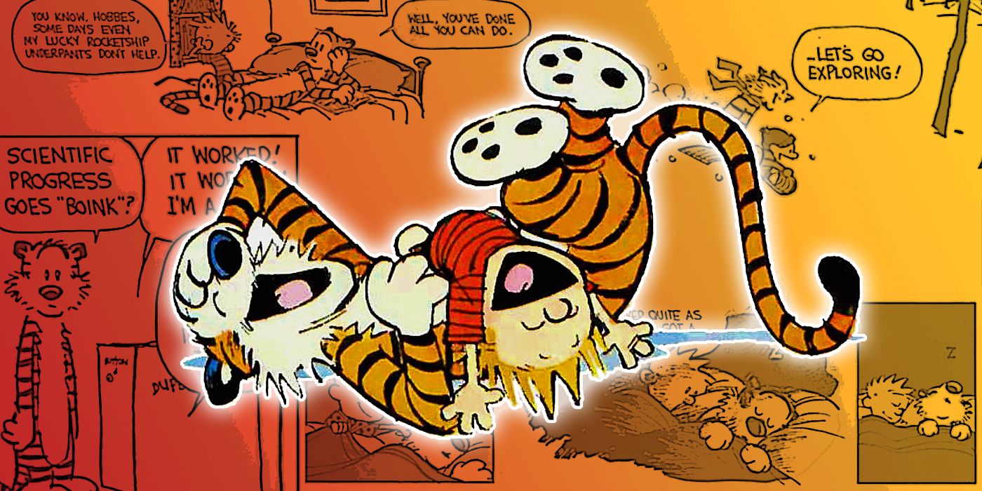 Calvin & Hobbes laughing together with comic strips in the background