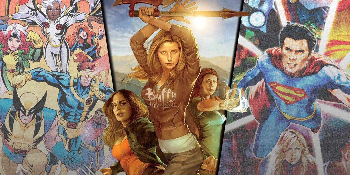 Split image of Buffy, X-Men '97 and Smallville tie-in comic covers