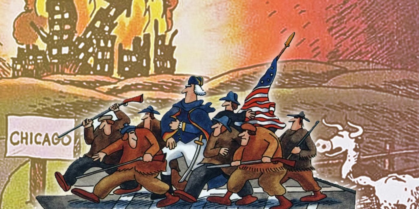 George Washington crossing the street and cows starting the Chicago fire from The Far Side