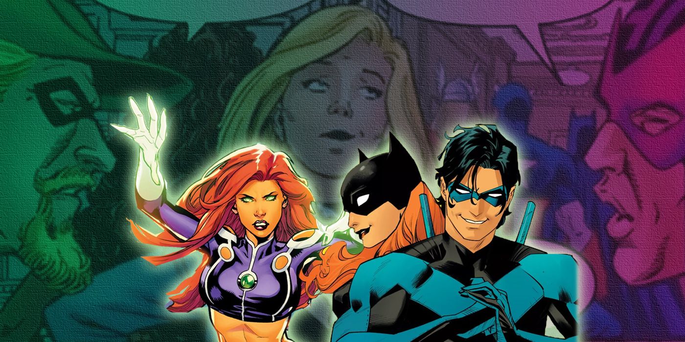 Split image of Nightwing, Batgirl and Starfire with Green Arrow, Black Canary and Hawkeye in the background
