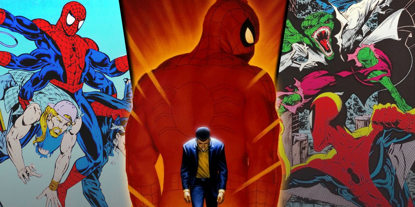 Split image of classic comic storylines like Spider-Man No More, Six-Arm Saga, and Torment
