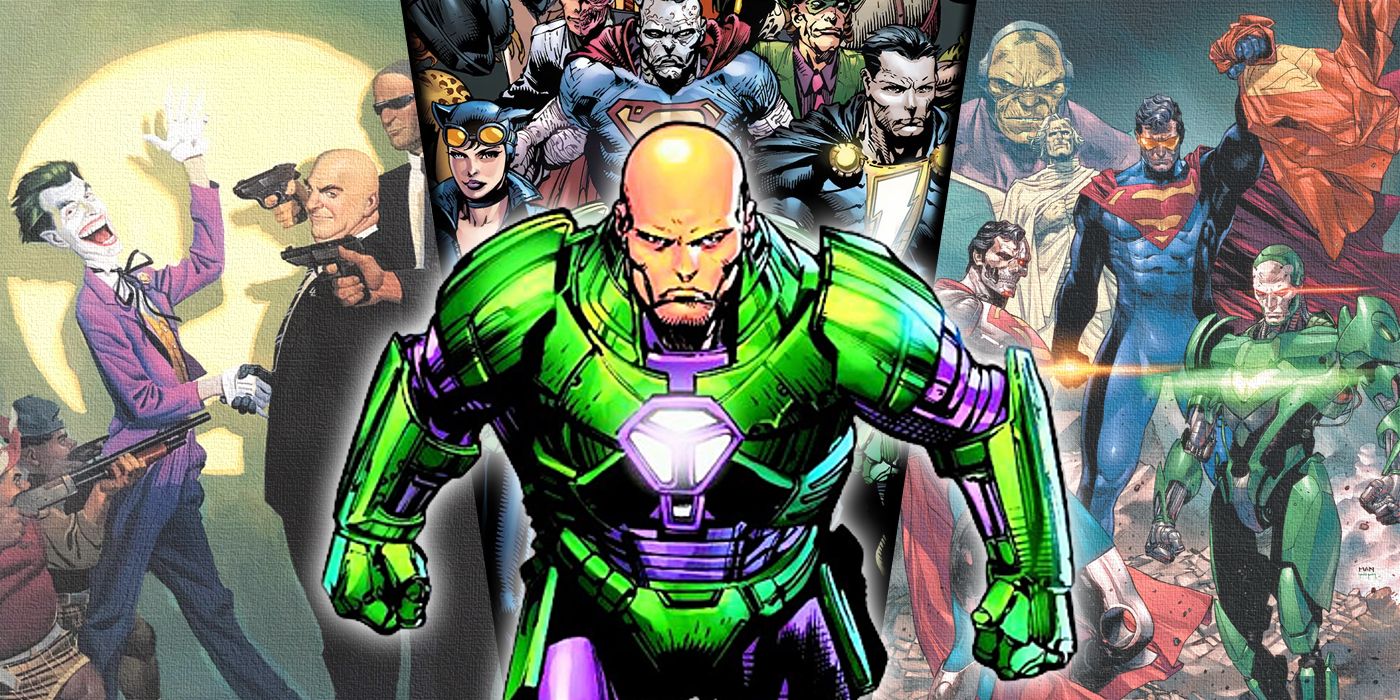 Split image of Lex Luthor during Forever Evil, Lex and Joker's team-up from World's Finest, and the Superman Revenge Squad