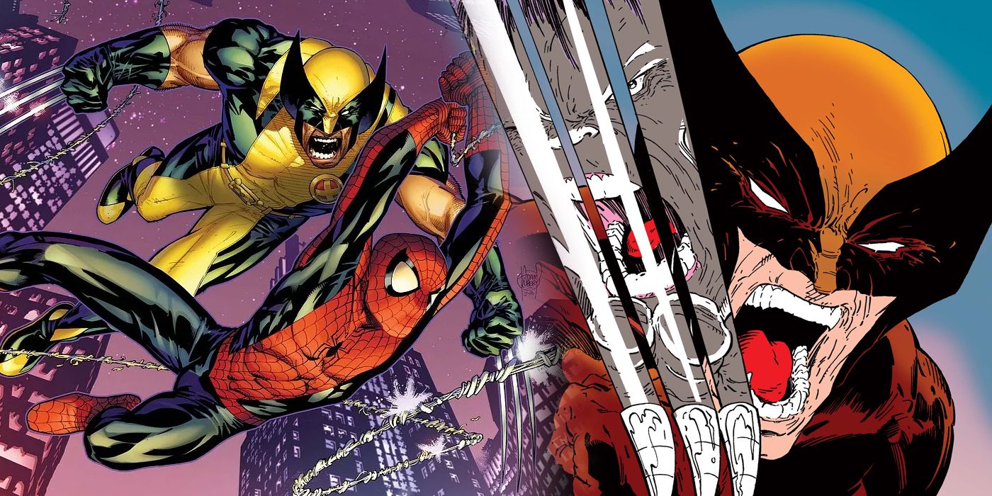Split image of Wolverine with Spider-Man in the city and Hulk reflected in Wolverine's claws during a fight.