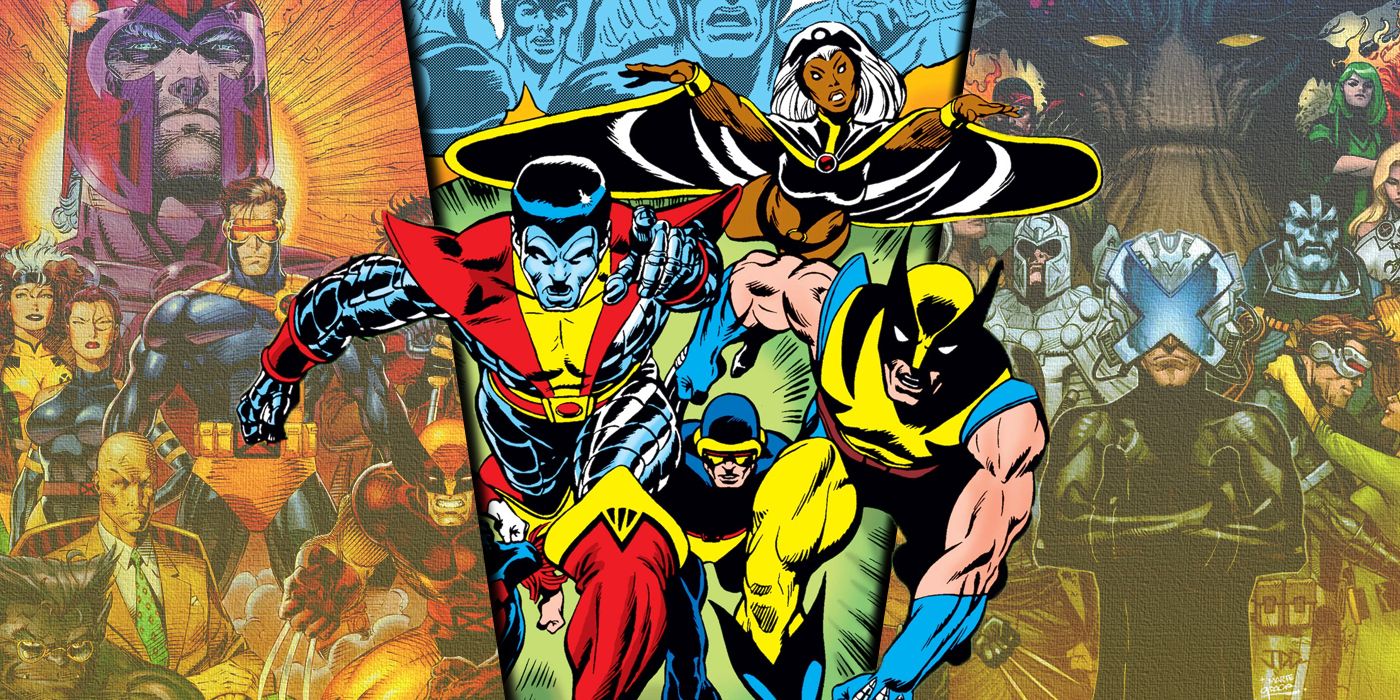 Imagem dividida dos X-Men dos anos 90, Giant Size X-Men e Krakoan X-Men da Marvel Comics