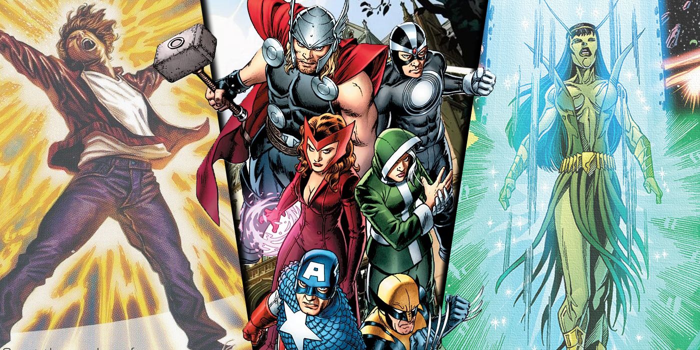 Split image of Rick Jones with the Destiny Force, the Uncanny Avengers and Mantis as the Celestial Madonna