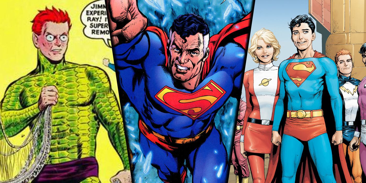 Split image of Jimmy Olsen as Turtle boy, Superman from Earth-2 and Superboy with the Legion from DC Comics