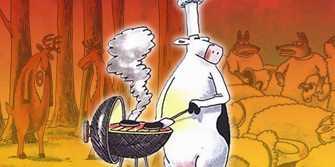 Split image of The Far Side comics about animals, including a cow cooking a hamburger and wolves in sheeps clothing.