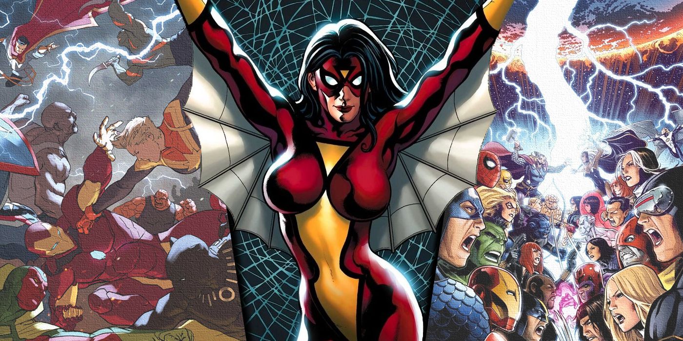 Split image of Spider-Woman with Civil War II and Avengers vs. X-Men covers