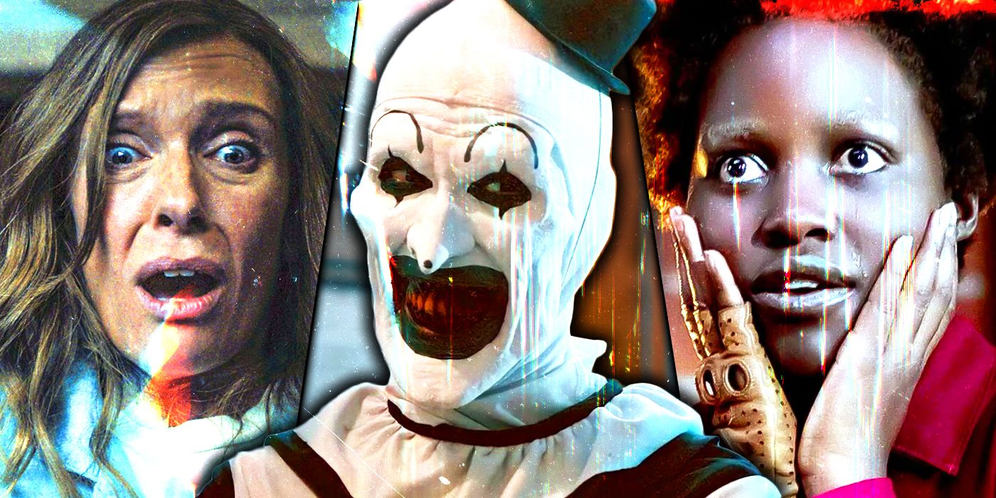 Toni Collette in Hereditary, Art the Clown and Lupita Nyong'o in Us