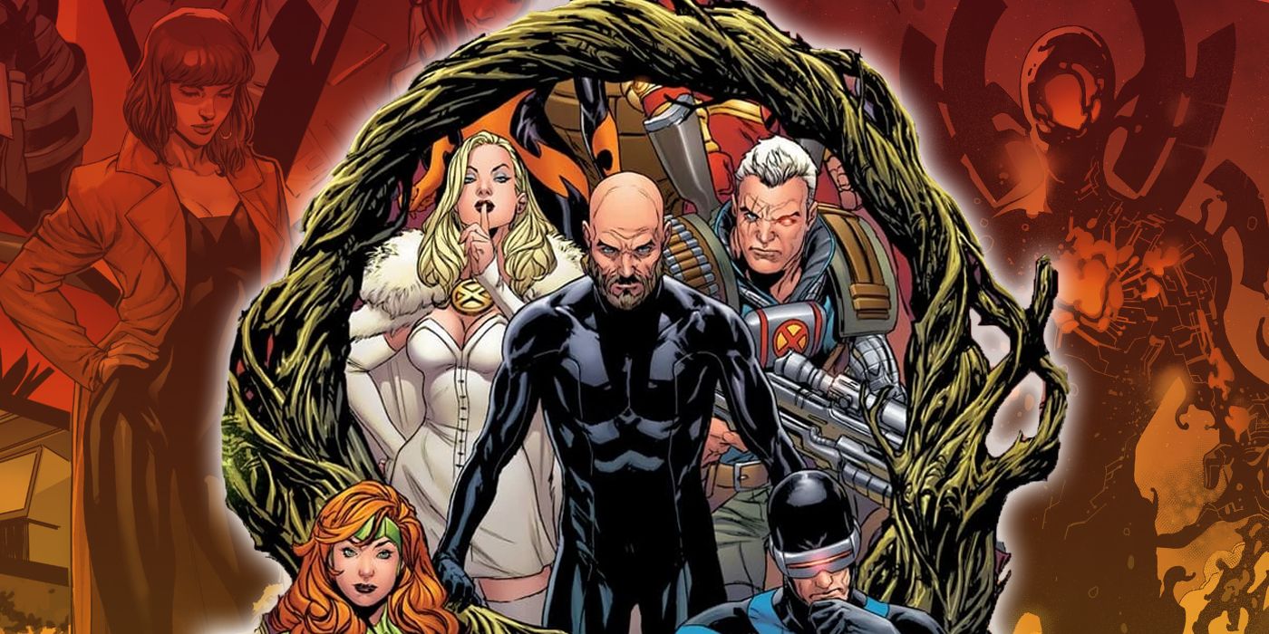 Xavier, Emma Frost and Cable during Fall of X with Moira X and the Phalanx in the background