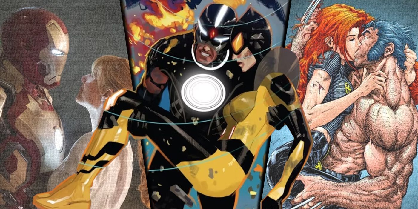 Split image of MCU Iron Man and Pepper Potts, Havok carrying Wasp, and Jean Grey kissing Wolverine from the comics