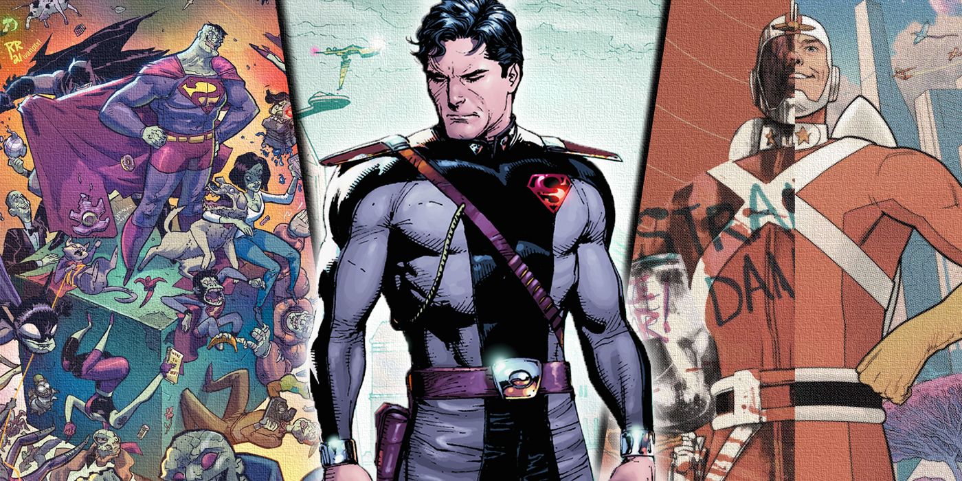 Split image of Bizarro World, Superman on New Krypton, and Adam Strange on Rann from DC Comics