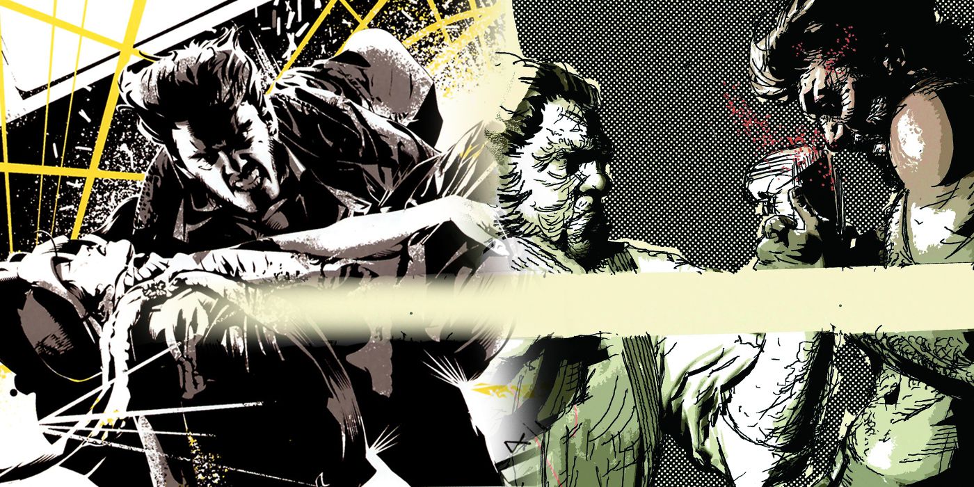 Collage of Creed and Logan boxing and Logan carrying a girl through gunfire from Wolverine Noir