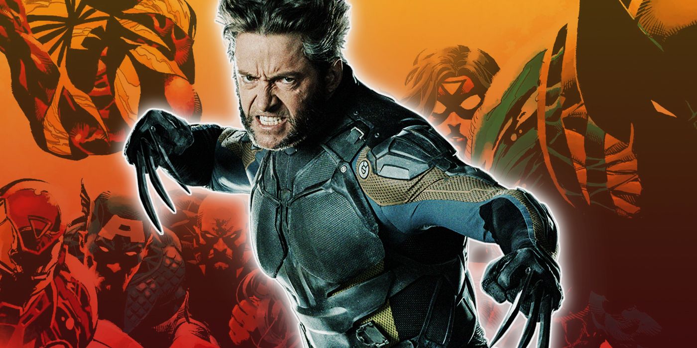 Hugh Jackman as Wolverine with the comic version of the New Avengers in the background