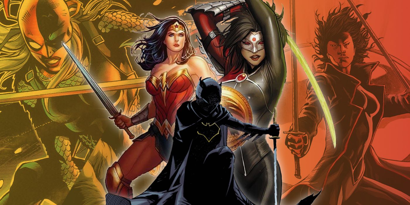 Collage of Batgirl Wonder Woman, Katana, Lady Shiva, and Ravager from DC Comics with swords