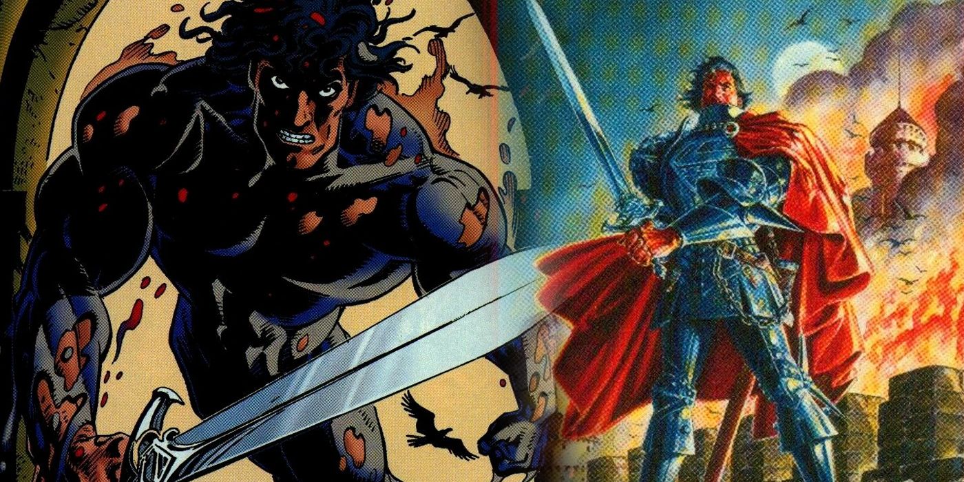 Kal voando com sua espada ao lado da capa do Superman: Kal mostrando Kal-El em uma armadura medieval