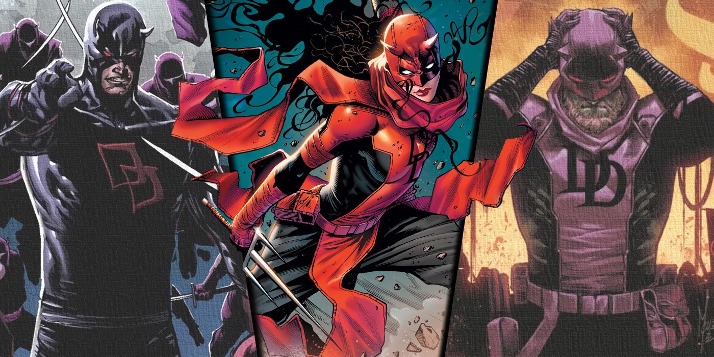 Split image of Daredevil from events like Shadowland, Gang War, and the Red Fist Saga