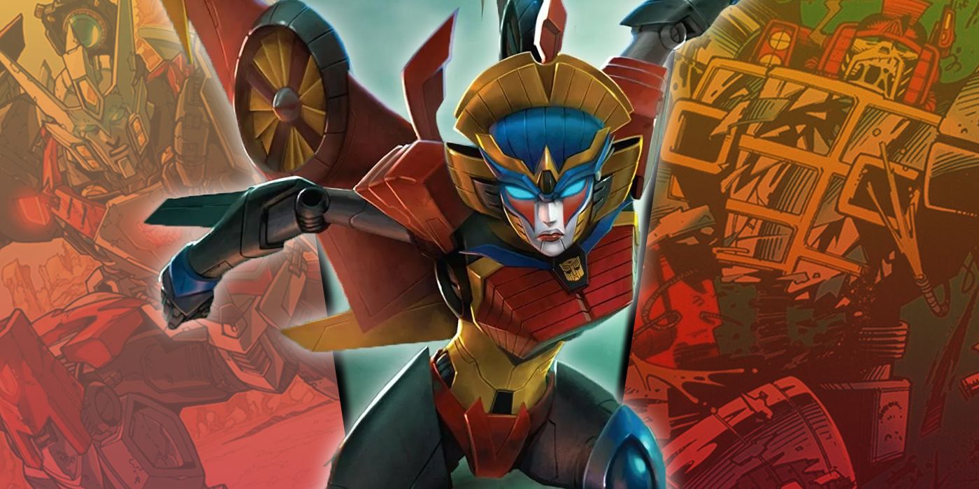 Split image of Windblade with Drift and Jhiaxus from Transformers comics