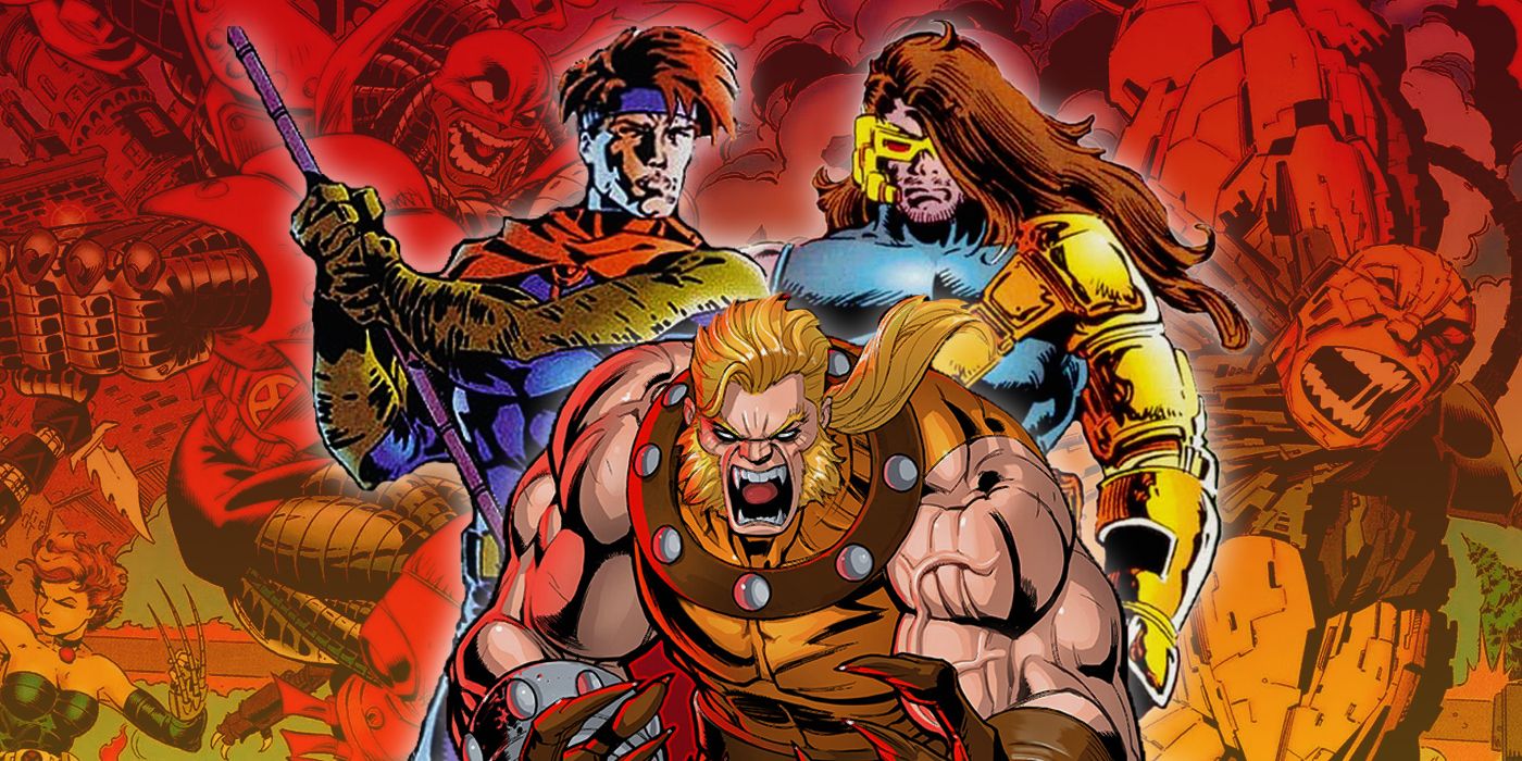 Gambit, Cyclops, and Sabretooth with Colossus and Shadowcat fighting Mikhail Rasputin in the background from X-Men's Age of Apocalypse