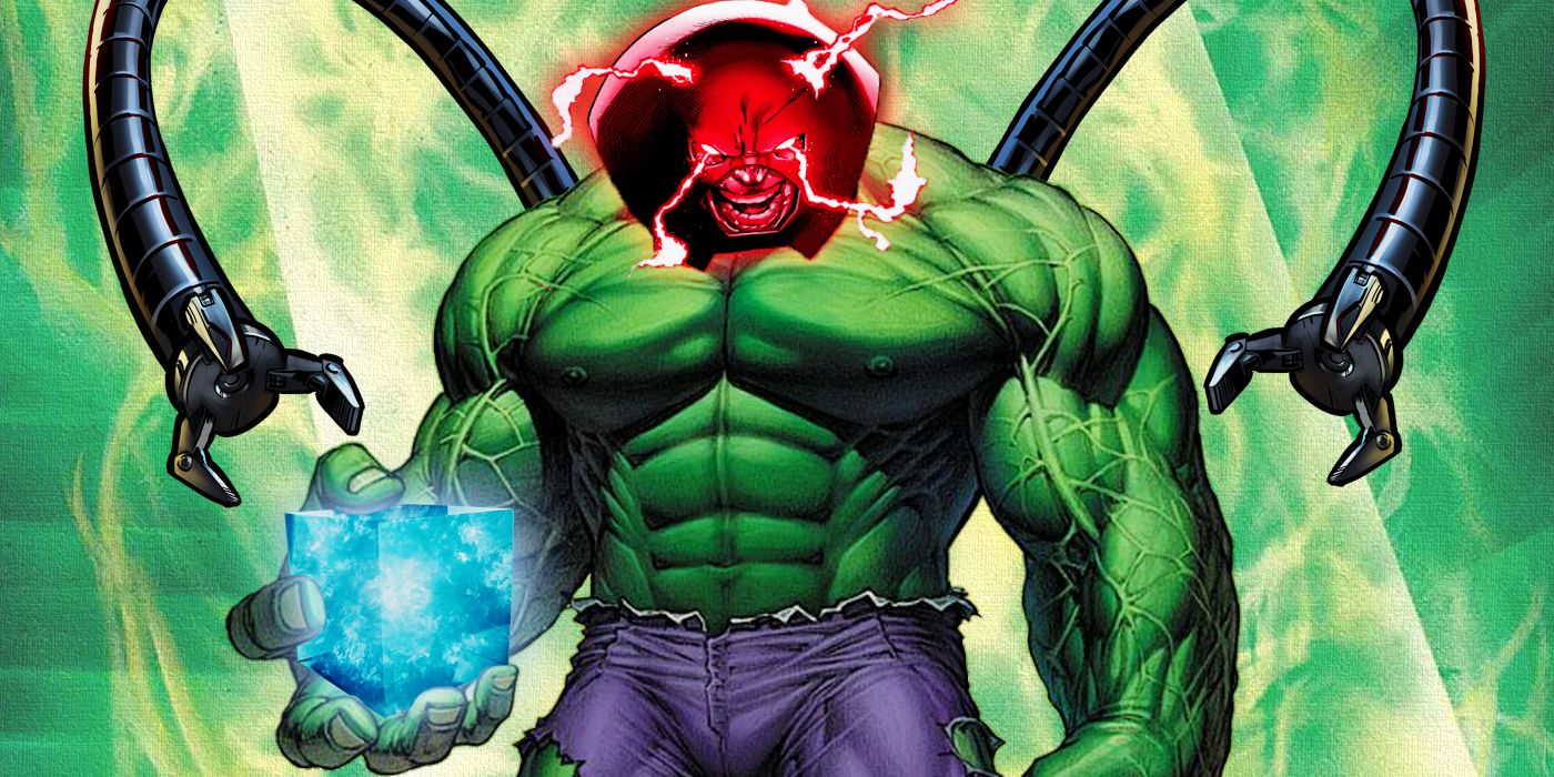 Hulk with Juggernaut's helmet, Doc Ock's tentacles, and the Cosmic Cube as the Green Door burns behind him