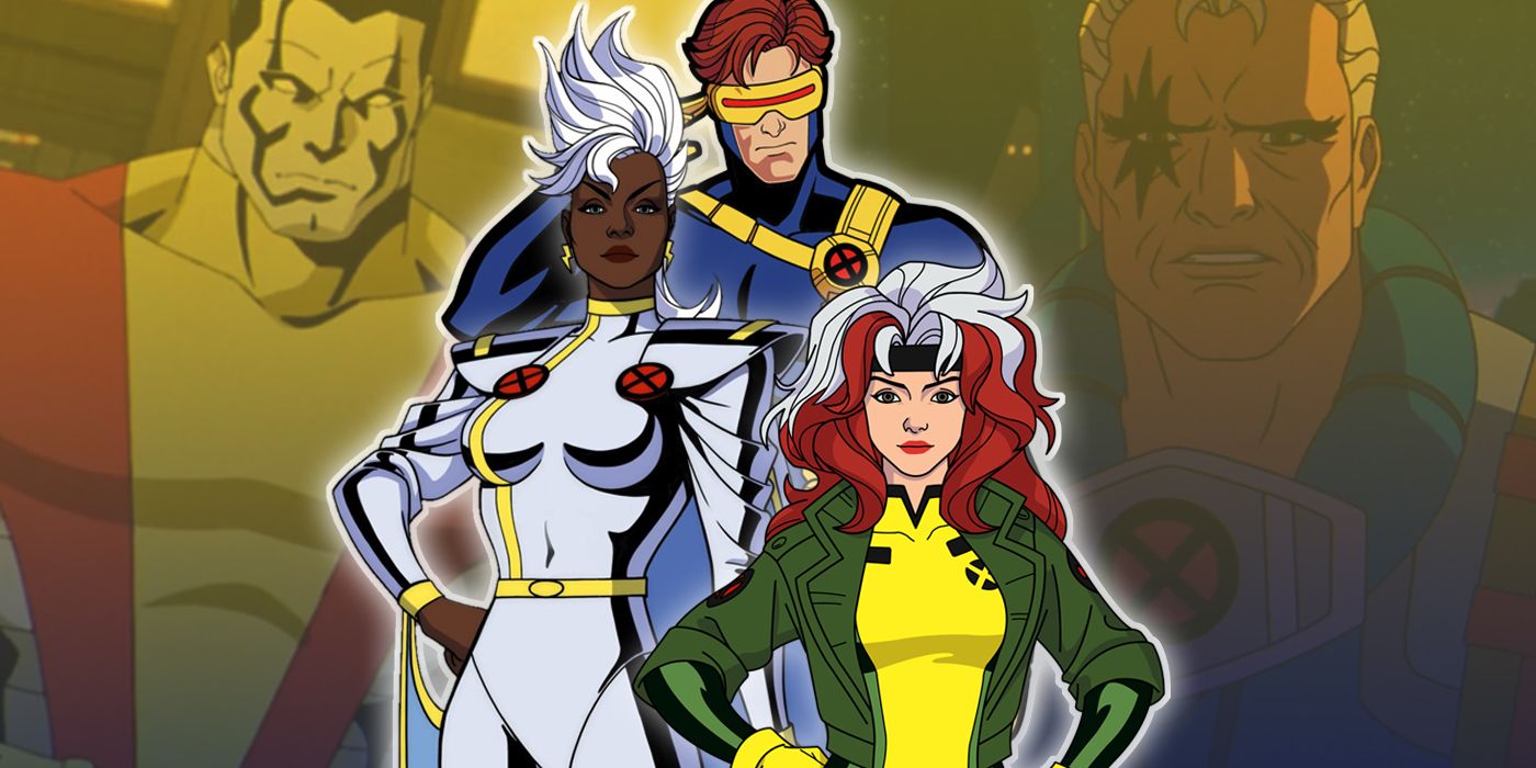 Cyclops, Storm and Rogue from X-Men '97 with Colossus and Cable in the background