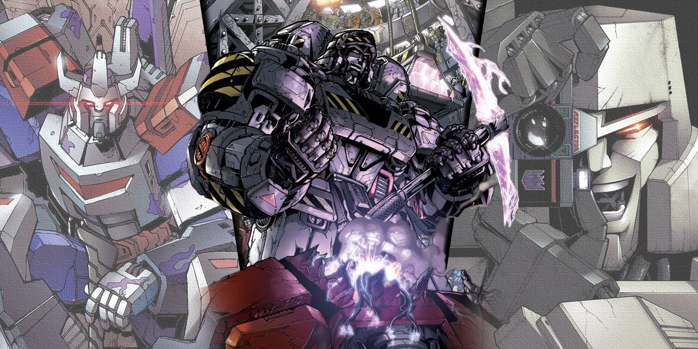 Split image of Megatron and the Decepticons at different stages from Transformers comics.
