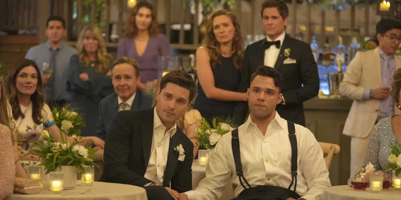 TK Strand (Ronen Rubenstein) and Carlos Reyes (Rafael L. Silva) at their wedding reception in 911 Lone Star In Sickness and In Health