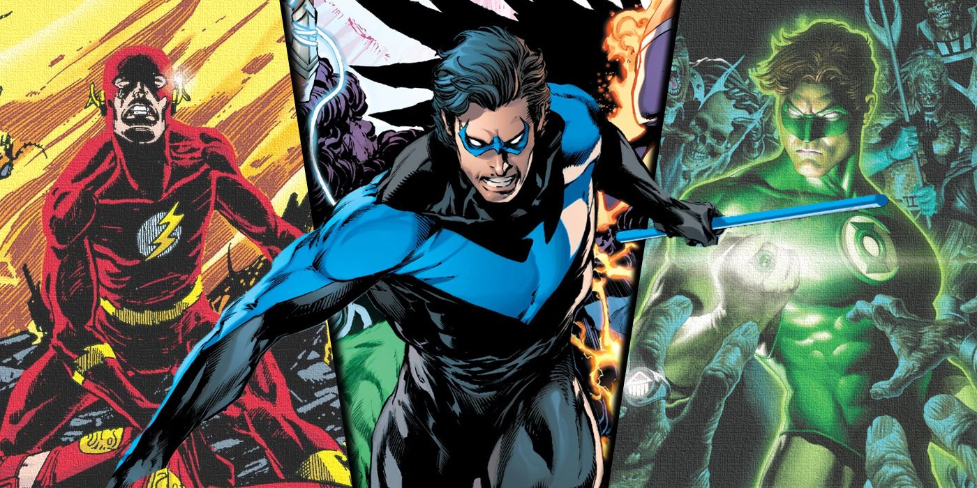 Split image of Flash, Nightwing, and Green Lantern from Crisis, Beast World and Blackest Night