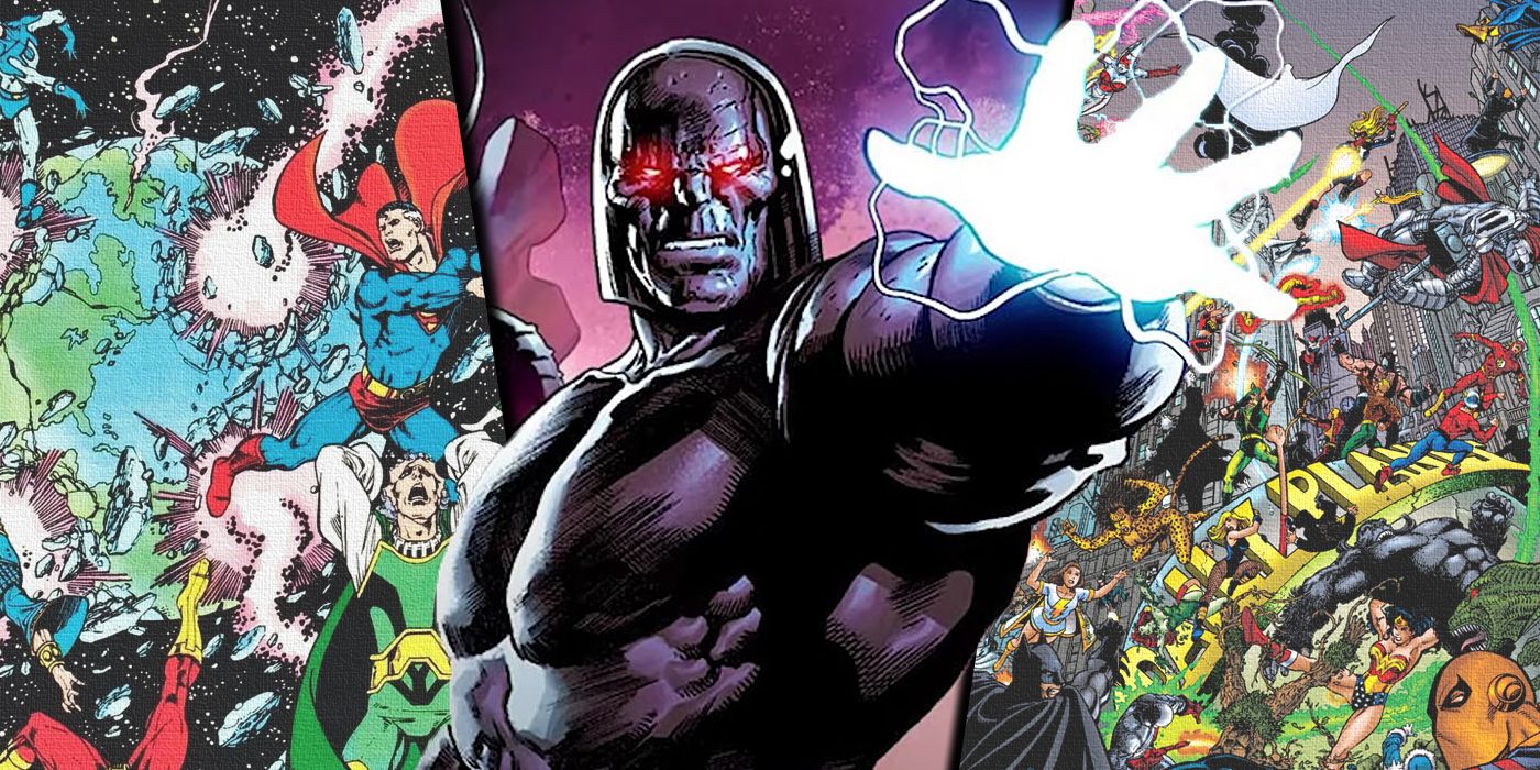 Darkseid from Dark Crisis with covers to Crisis on Infinite Earths and infinite Crisis in the background