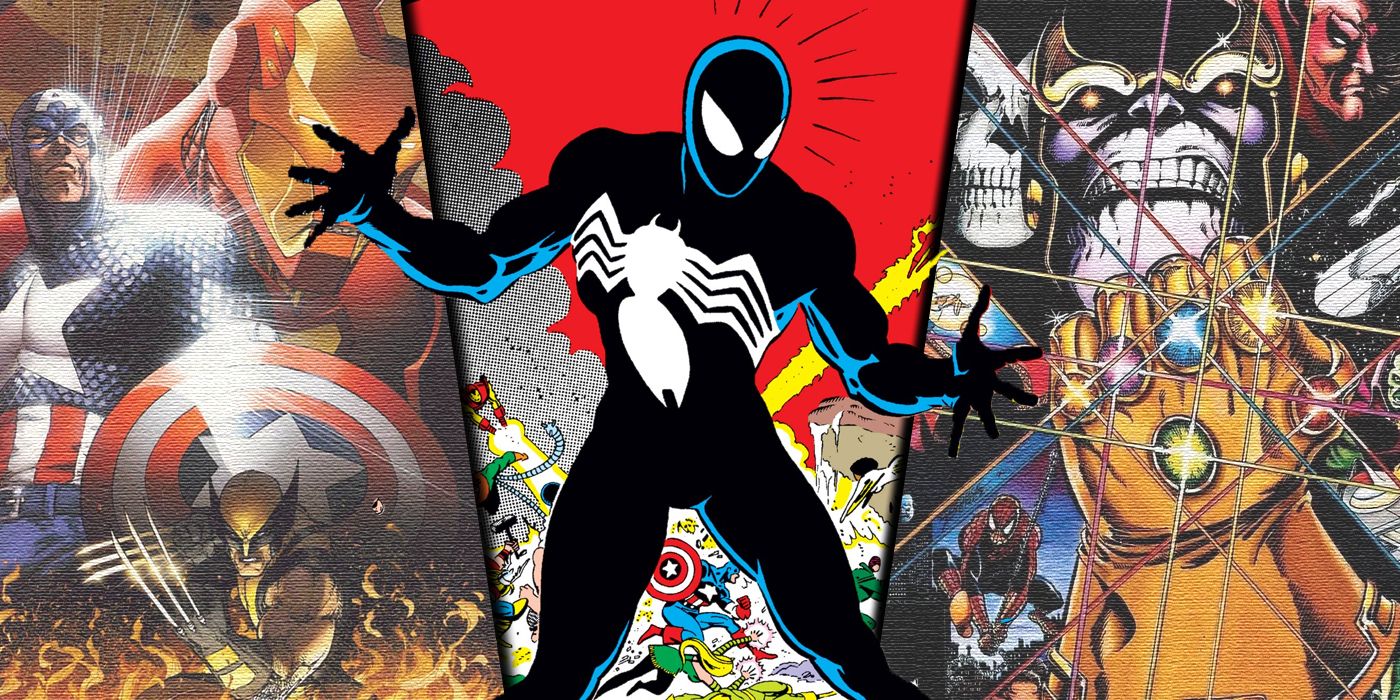 Split image of Spider-Man from Secret Wars, Civil War, and Infinity Gauntlet from Marvel Comics