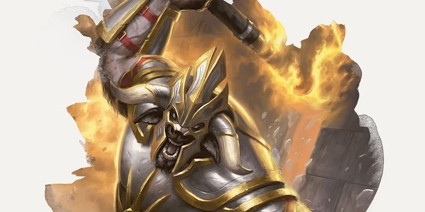 a minotaur warrior fights with fire behind him