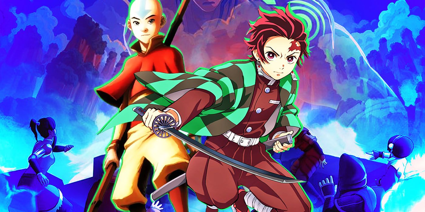 Aang and Tanjiro in the foreground with Korra and Toph in the background.