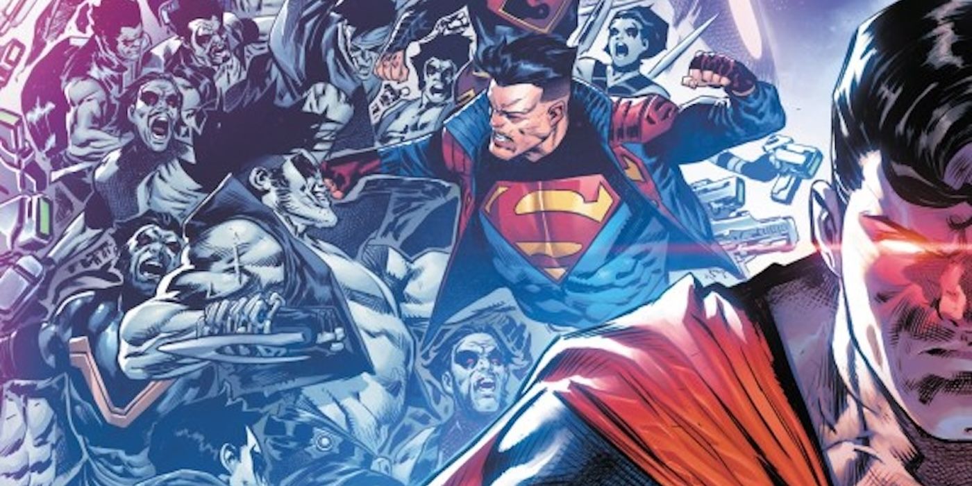 Excerpt of the cover of Actions Comics #1064, Superman uses his laser vision as an army of Lobos attack the other Superheroes.