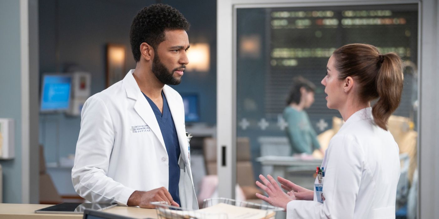 Adelaide Kane as Jules Millin confronts Anthony Hill as Winston Ndugu on Grey's Anatomy
