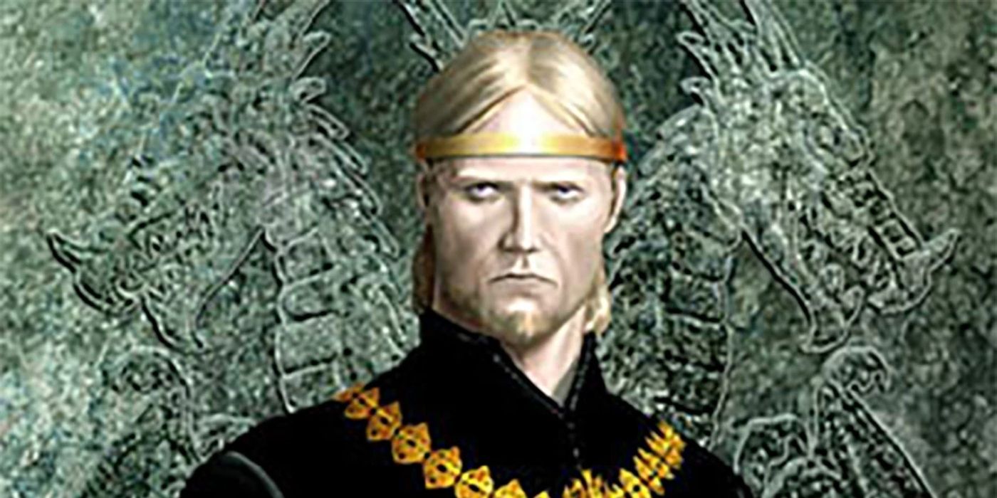 A portrait of Aegon III Targaryen in front of a dragon motif