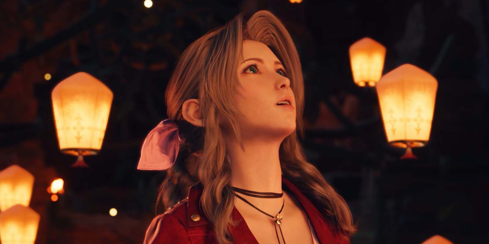 Aerith Gainsborough is in awe of floating lanterns during a Cosmo Canyon ceremony in Final Fantasy VII Rebirth